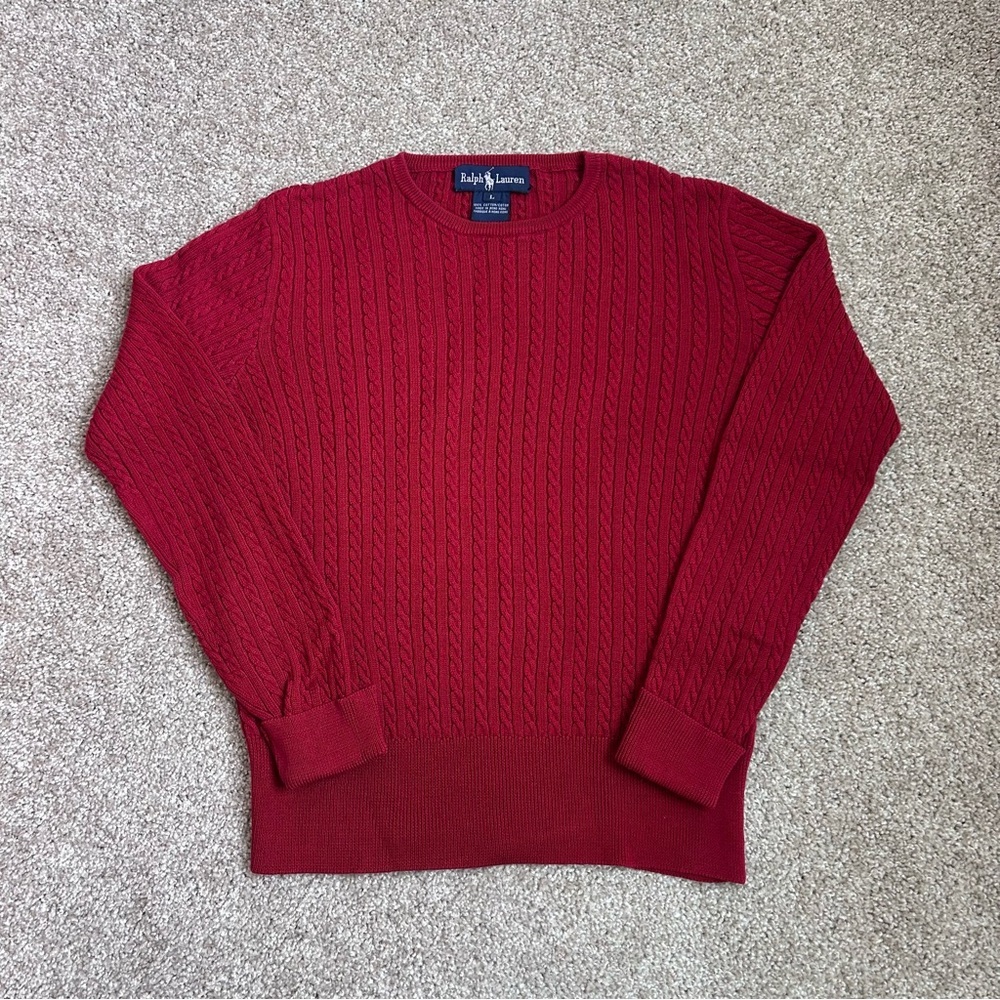 Vintage Ralph Lauren KIDS Red Cable Knit 100% Cotton Crewneck Sweater Size Lg
